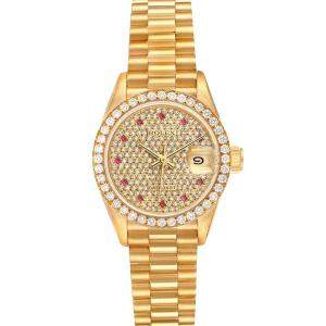 Rolex Champagne Diamonds And Rubies 18K Yellow Gold President Datejust 69138 Women's Wristwatch 26 MM