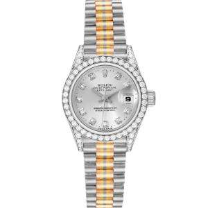 Rolex Silver Diamonds 18K White Yellow Rose Gold President Tridor 69159 Women's Wristwatch 26 MM