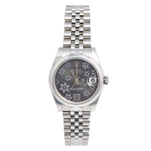 Pre Owned Rolex Rhodium Floral Stainless Steel Datejust 178240 Women's Wristwatch 31 mm