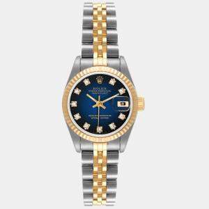 Pre Owned Rolex Blue Diamonds 18K Yellow Gold And Stainless Steel Datejust 69173 Women's Wristwatch 26 MM