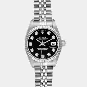 Pre Owned Rolex Black Diamonds 18K White Gold And Stainless Steel Datejust 69174 Automatic Women's Wristwatch 26 mm