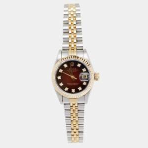 Pre Owned Rolex Red Vignette 18K Yellow Gold Stainless Steel Diamond Datejust 69173 Women's Wristwatch 26 mm