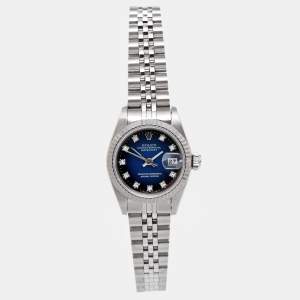 Pre Owned  Rolex Blue Vignette 18K White Gold Stainless Steel Diamond Datejust 69174 Women's Wristwatch 26 mm