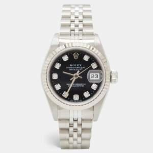 Pre Owned Rolex Black Diamonds 18K White Gold And Stainless Steel Datejust 69174 Automatic Women's Wristwatch 26 mm