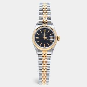 Rolex Black 18K Yellow Gold Stainless Steel Datejust 69173 Women's Wristwatch 26 mm