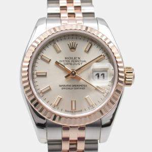 Rolex Silver 18k Rose Gold Diamond Stainless Steel Datejust 179171 Automatic Women's Wristwatch 26 mm