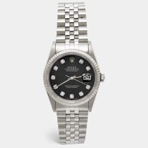 Pre Owned Rolex Black 18K White Gold Stainless Steel Diamond Datejust 16234 Unisex Wristwatch 36 mm