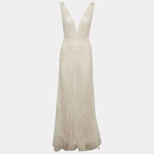 Pre Owned Romanova Atelier White Tulle Embellished Deborah Feathers Mermaid Dress M