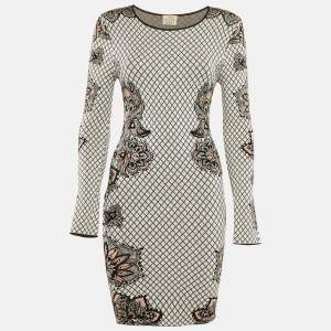 Torn by Ronny Kobo Black/White Floral Intarsia Stretch Knit Bodycon Dress S