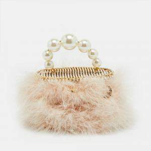 Pre Owned Rosantica Marabou Pink/Gold Tone Faux Pearl and Feather Top Handle Bag