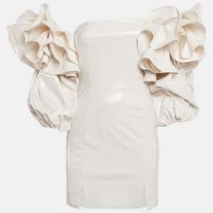 ROTATE BIRGER CHRISTENSEN Cream Faux Leather Bethany Off-Shoulder Vinyl Dress S