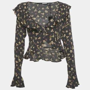 ROTATE Birger Christensen Black Floral Crepe Frill Blouse S