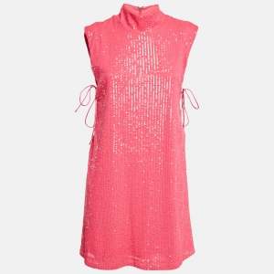 ROTATE Fuchsia Pink Sequin Mesh Lace-Up Mini Krew Dress M