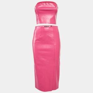 Rotate Pink Logo Embossed Faux Leather Skirt and Strapless Top Set M