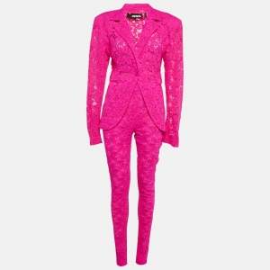 Pre Owned ROTATE BIRGER CHRISTENSEN Neon Pink Embroidered Lace Amalies Pants Suit Set S