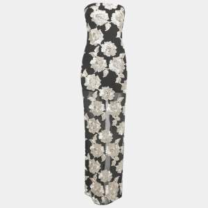 Pre Owned ROTATE BIRGER CHRISTENSEN Black Mesh Floral Applique Strapless Maxi Dress S