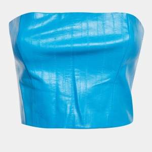 Pre Owned توب روتيت حزام من الجلد الصناعي الأزرق بدون حمالات مقاس وسط