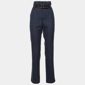 Pre Owned بنطلون رتا كاباردين مقلم بخطوط رفيعة أزرق كحلي بتفاصيل حزام مقاس متوسط - ميديام