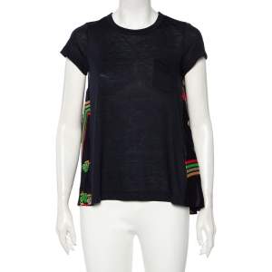 Sacai Navy Blue Floral Printed Linen & Satin Tunic T-Shirt XS