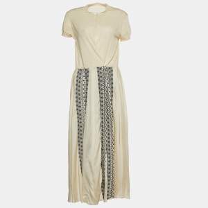 Sacai Beige Cotton Front Cut-Out Embroidered Dress M