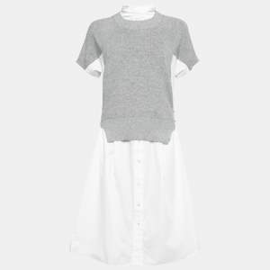 Sacai White Cotton Poplin & Knit Inset Midi Dress S