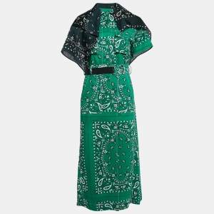 Sacai Green Bandana Print Cotton Scarf Trim Open Back Midi Dress S