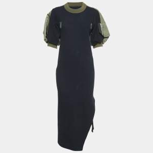 Sacai Navy Blue Rib Knit Puff Sleeve Satin Panel Detail Midi Dress S