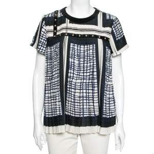 Sacai Multicolored Geometric Printed Georgette Pleated Short Sleeve Top L