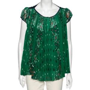 Sacai Green Paisley Printed Chiffon Plisse Pleated Top M