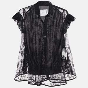 Sacai Black Lace & Cotton Paneled Button Front Top S
