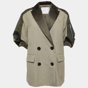 Sacai Green Wool Blend Satin Paneled Double Breasted Blazer S
