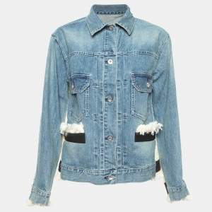 Sacai Blue Tweed Trim Denim Fringed Buttoned Jacket M
