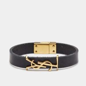 Saint Laurent YSL Black Leather Gold Tone Bracelet