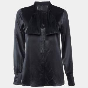 Saint Laurent Black Satin Silk Neck Detail Shirt S