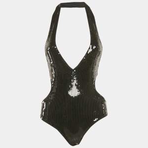 Saint Laurent Paris Black Sequin Embellished Jersey Cut-Out Swimsuit XS