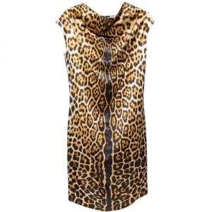 Yves Saint Laurent Brown Leopard Printed Silk Satin Cowl Neck Detail Shift Dress S