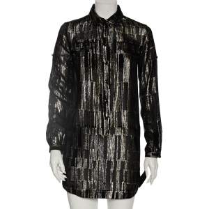 Saint Laurent Metallic Lurex Silk Flap Pocket Detail Mini Shirt Dress S