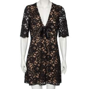 Saint Laurent Black Floral Lace & Silk Bow Detail V-Neck Dress L 