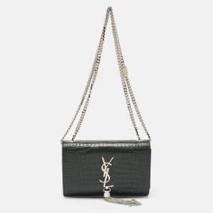 Saint Laurent Green Croc Embossed Leather New Small Kate Wallet on Chain