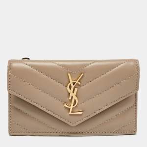 Saint Laurent Beige Matelassé Leather Cassandre Zip Card Case