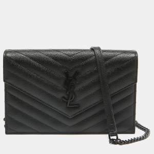 Saint Laurent Black Matelassé Leather Cassandre Wallet on Chain