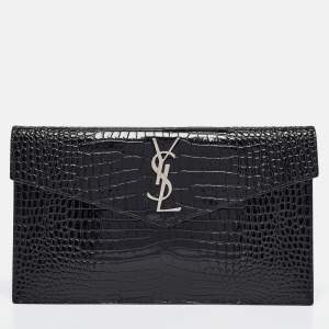 Saint Laurent Black Croc Embossed Leather Uptown Clutch