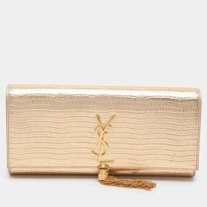 Saint Laurent Gold Lizard Embossed Leather Monogram Kate Tassel Clutch