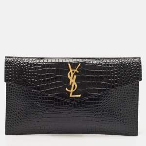 Saint Laurent Black Croc Embossed Leather Uptown Envelope Clutch