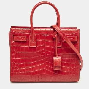 Saint Laurent Red Croc Embossed Leather Baby Classic Sac De Jour Tote