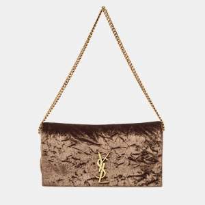 Saint Laurent Brown Crinkled Velvet Kate 99 Wallet On Chain