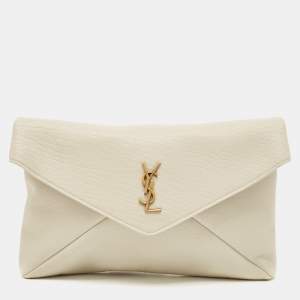 Saint Laurent Off White Leather Large Cassandre Envelope Pouch