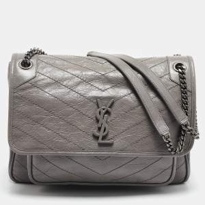 Saint Laurent Grey Crinkled Leather Large Niki Shoulder Bag