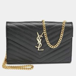 Saint Laurent Black Matelassé Leather Cassandre Envelope Wallet on Chain