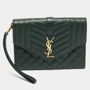 Saint Laurent Green Mixed Quilted Leather Envelope Flap Wristlet Clutch 